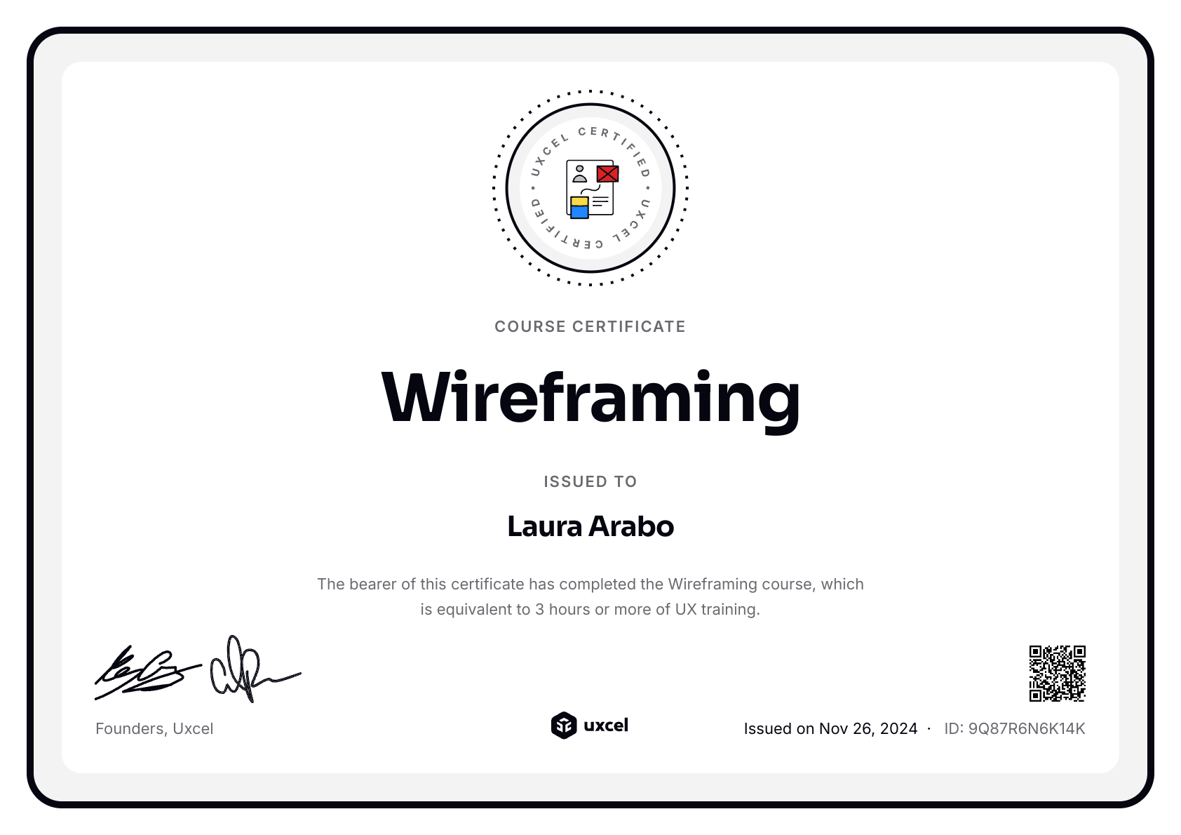 Laura Arabo's certificate